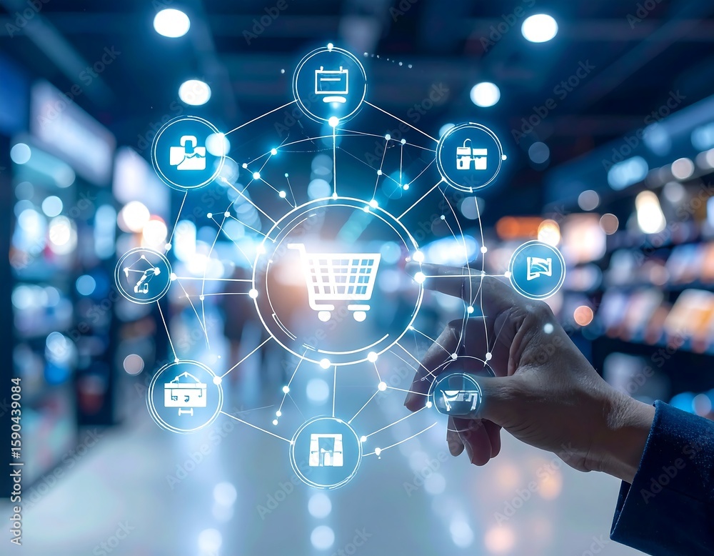 Hand interacting with digital shopping interface Hand interacting with digital shopping interface
