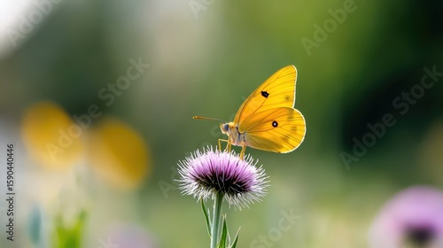 Common brimstone butterfly resting on a thistle flower in a sunny meadow
