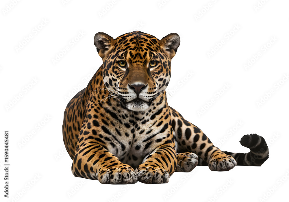 Fototapeta premium Powerful jaguar in sphinx-like pose with rosette markings and fierce gaze, perfect for wildlife or nature themes. Isolated on white or transparent background. PNG