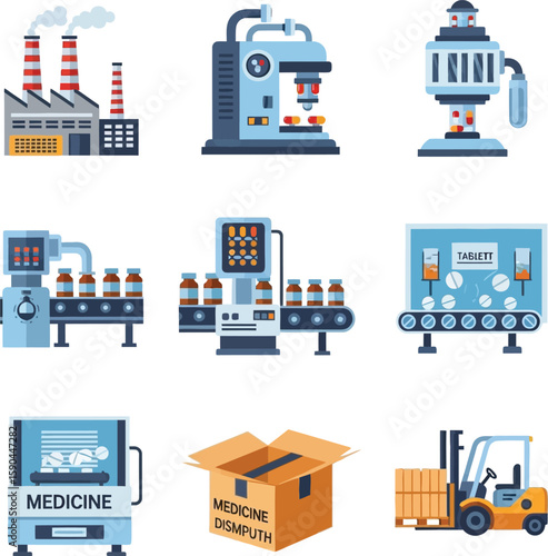 Industrial manufacturing processes for pharmaceutical production, showcasing machinery, packaging, and logistics.