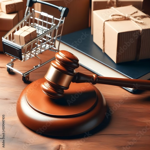 A legal gavel rests beside a miniature shopping cart filled with boxes on a wooden tabletop to represent ecommerce regulations and consumer rights in a warm-toned setting.