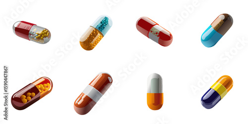 Multiple vector illustrations of delicately drawn medicine capsules

