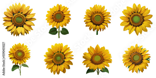 Multiple vector illustrations of delicately drawn sunflowers

