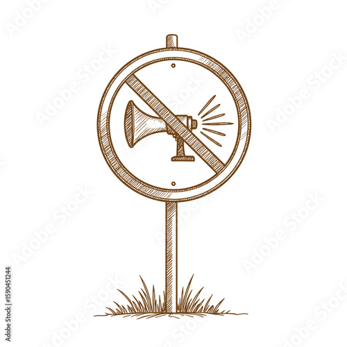 No horns sign prohibiting loudspeakers in a grassy area  