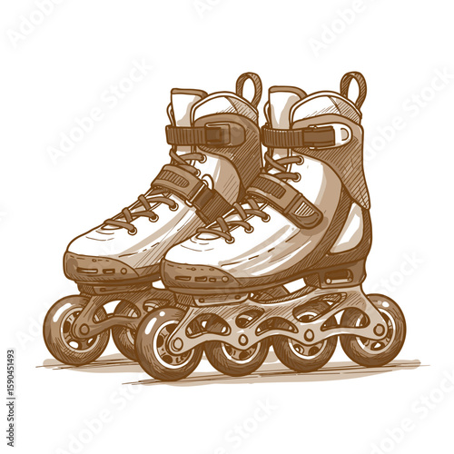 Rollerblades Pair. Detailed monochrome sketch illustration on transparent background. Sport, recreation, active lifestyle, fitness icon, leisure activity design element