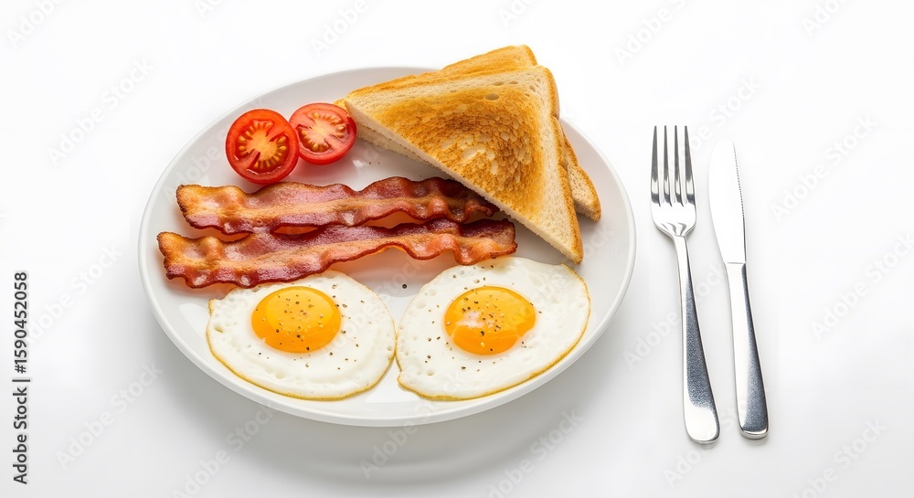 Classic breakfast: eggs, bacon, toast, and tomatoes on a white plate, a tasty and energizing morning meal. Classic breakfast: eggs, bacon, toast, and tomatoes on a white plate, a tasty and energizing morning meal.