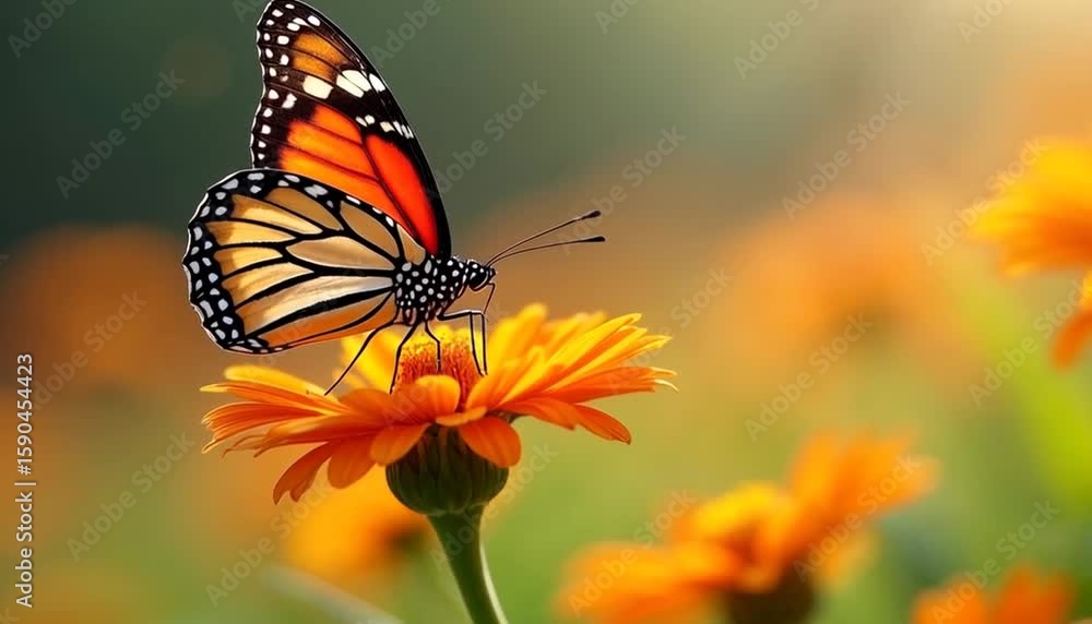 A beautiful orange butterfly with black and white wings gently rests on a vibrant orange flower in a sunny natural garden. A beautiful orange butterfly with black and white wings gently rests on a vibrant orange flower in a sunny natural garden.