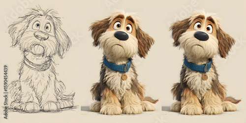Fototapeta Naklejka Na Ścianę i Meble -  Puppy character design stages, from sketch to 3d rendering