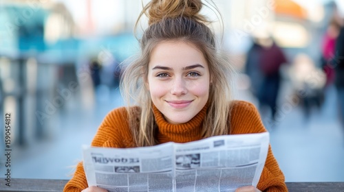Curious young woman with newspaper sits on a bench in a bustling city