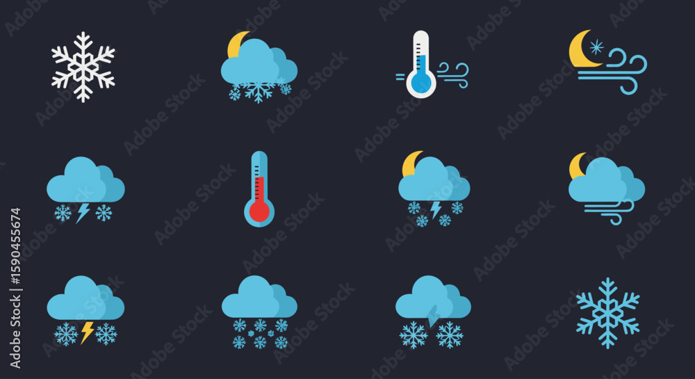 Obraz premium A collection of twelve flat-design weather icons depicting various winter and night weather conditions.