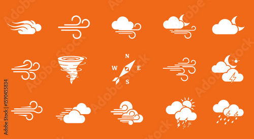Collection of weather icons, including clouds, wind, rain, sun, moon, and tornado, displayed on an orange background.