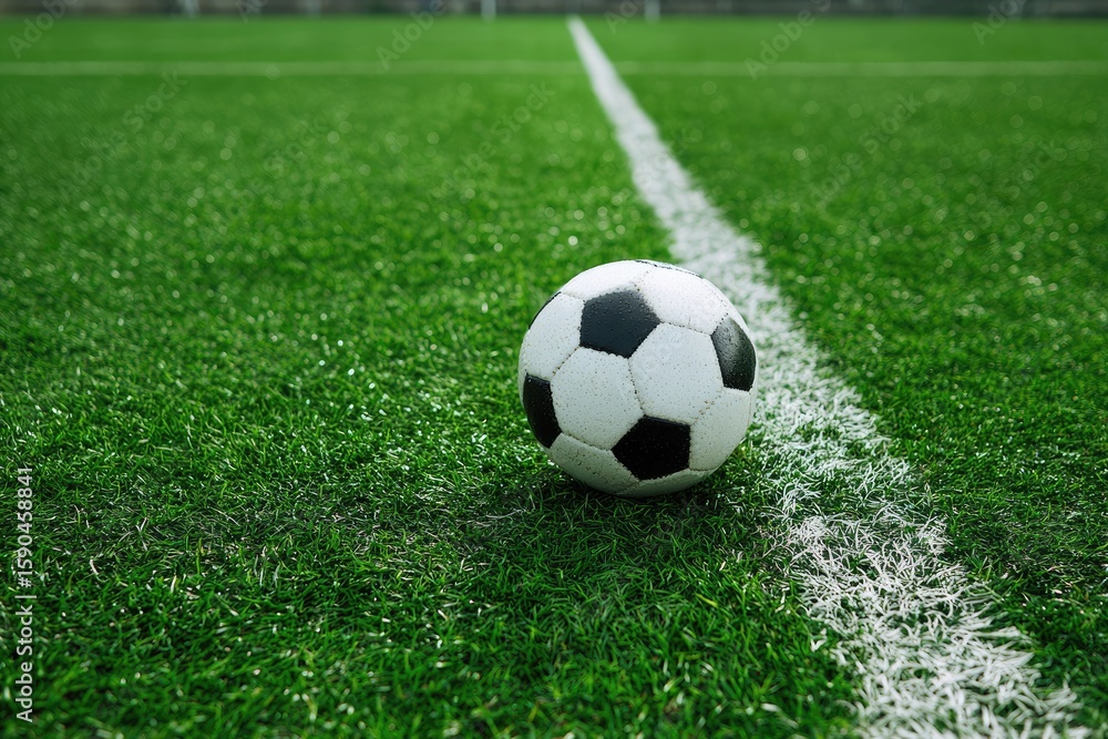 A classic black-and-white soccer ball rests on a vibrant green artificial turf field, near a crisp white sideline A classic black-and-white soccer ball rests on a vibrant green artificial turf field, near a crisp white sideline