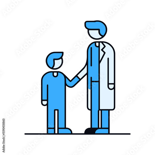 Doctor reassuring a young patient in a minimalist vector illustration showing a friendly healthcare interaction and medical support.