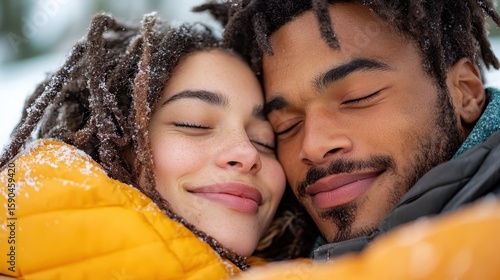 Couple embraces in a snowy winter forest filled with love and warmth