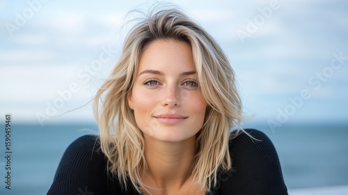 Blonde woman with flowing hair smiles by the sea under a cloudy sky