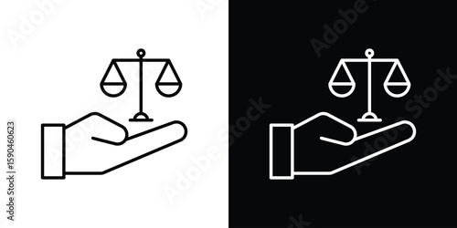 Justice scales in Hand icon. Editable stroke. Icon for web.