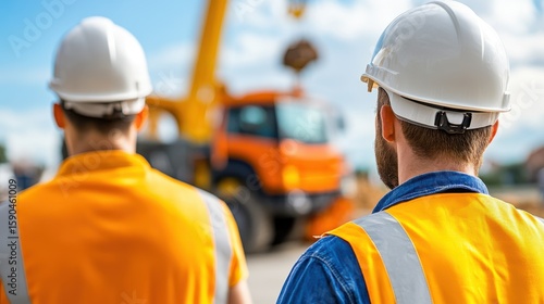Engineers collaborating on construction site with heavy machinery nearby