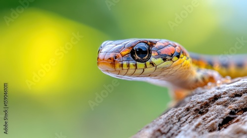 Slow worm basking on sunlit wood reveals vibrant colors