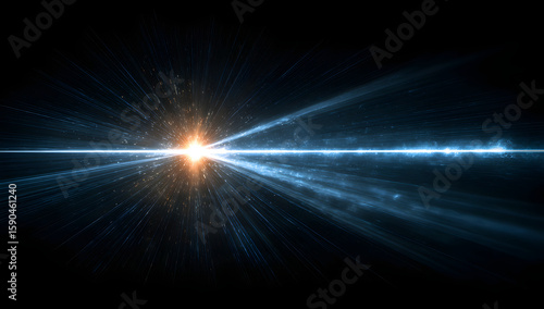 A striking blue laser beam against a black background with light rays radiating outward.