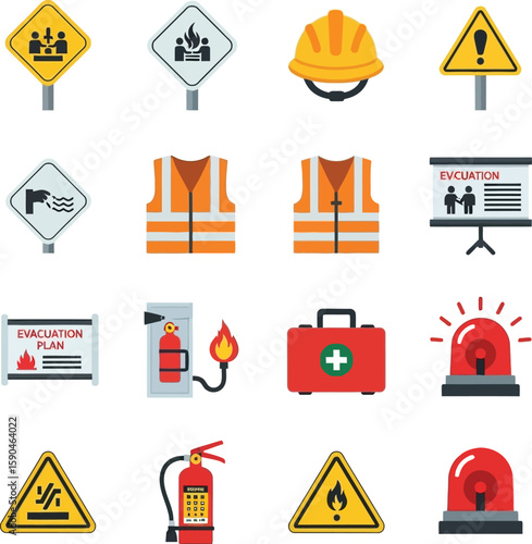 Safety icons: emergency, evacuation, fire, first aid, and construction site preparedness.