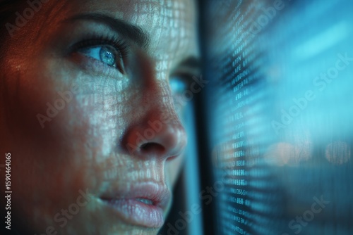 Digital data streams mix with reflection in train window scene. Human contact. Brooks explores global emotional disconnect in technologically rich era. Tech influence. Modern isolation.