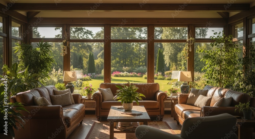 Fototapeta premium Cozy plantfilled living room accented by sunlit leather furniture and wide windows revealing a tranquil garden scene.