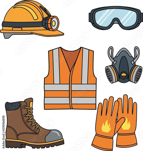 Essential safety gear for construction workers, including helmet, goggles, vest, respirator, gloves, and boots.