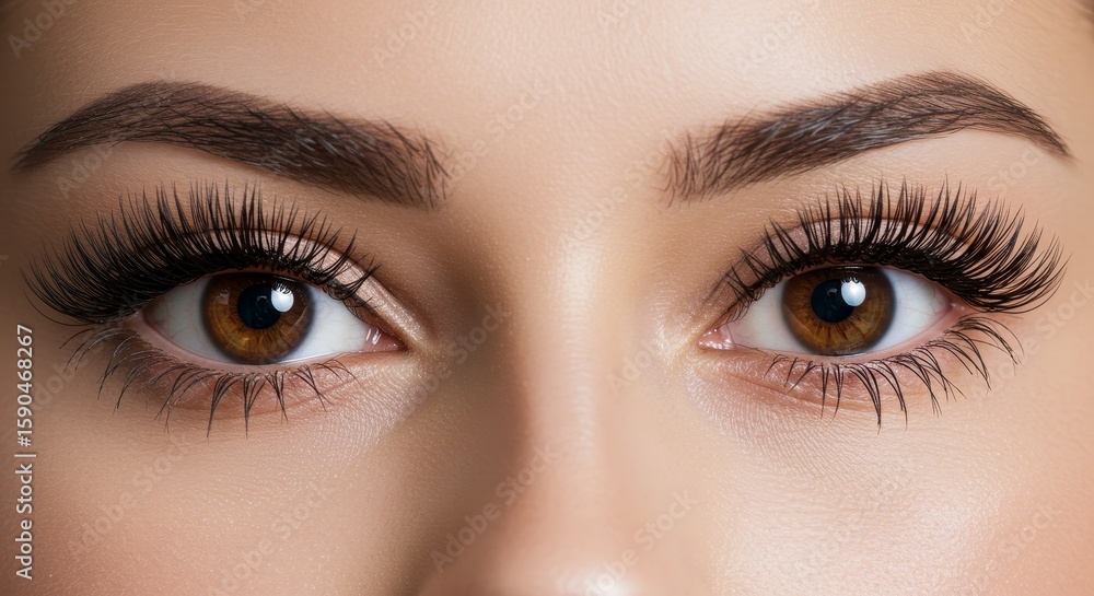 Extreme close-up, macro photo of beautiful woman's hazel eyes with long and thick eyelashes for beauty salons, lash artists, cosmetics advertising, glamour, professional beauty treatments Extreme close-up, macro photo of beautiful woman's hazel eyes with long and thick eyelashes for beauty salons, lash artists, cosmetics advertising, glamour, professional beauty treatments