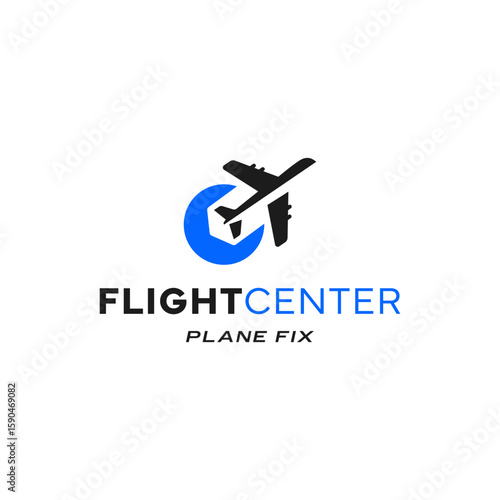 Professional aviation repair logo featuring a black airplane silhouette intersecting a blue wrench in a circular shape, ideal for aircraft maintenance services. Editable Vector File