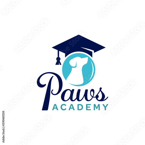 A professional logo for "Paws Academy" featuring a dog silhouette in a circle with a graduation cap, symbolizing pet education and training. Editable Vector File