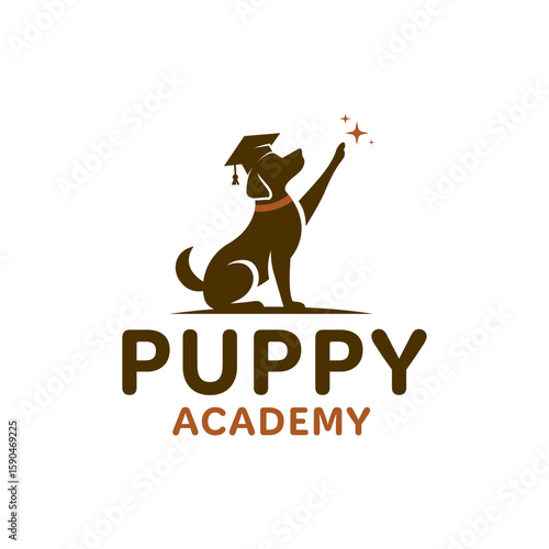 A charming logo for "Puppy Academy" featuring a puppy wearing a graduation cap, with its paw raised towards sparkling stars, symbolizing learning and achievement. Editable Vector File