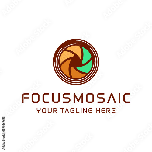 A vibrant logo for "Focus mosaic" featuring an abstract, colorful camera aperture design within a circle, symbolizing photography and visual artistry. Editable Vector File