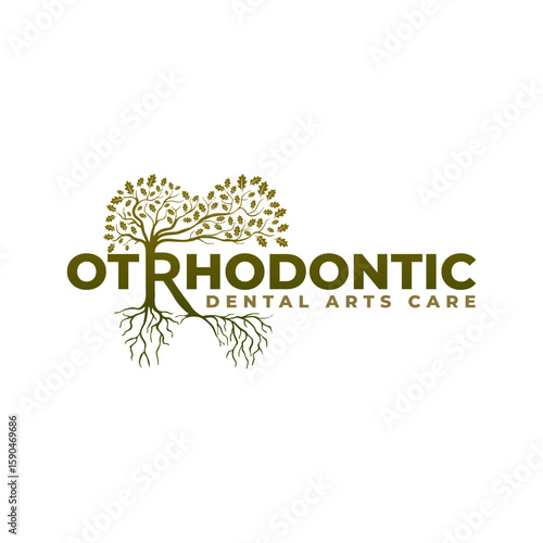 A unique logo for "Orthodontic Dental Arts Care" featuring a stylized tree with roots forming part of the text, symbolizing natural care. Editable Vector File
