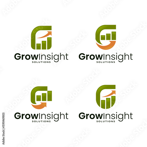 A set of four logos for "Grow Insight Solutions," each featuring a stylized 'G' combined with a growing bar chart and an upward arrow, in green and orange. Editable Vector File