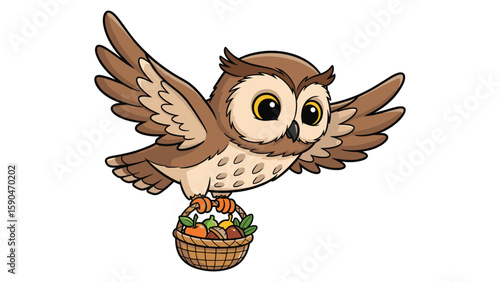 Whimsical Cartoon Owl Delivering Harvest Basket, Cute Bird Illustration for Children Projects