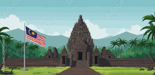 A historic temple is depicted with the Malaysian flag flying proudly in front, surrounded by tropical greenery. 