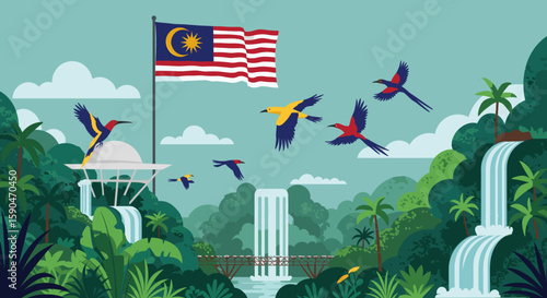 A scenic view of the Kuala Lumpur Bird Park with vibrant tropical greenery, waterfalls, and flying birds.