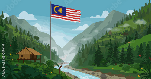 A view of the Malaysian flag flying over a vast, lush green tea plantation.