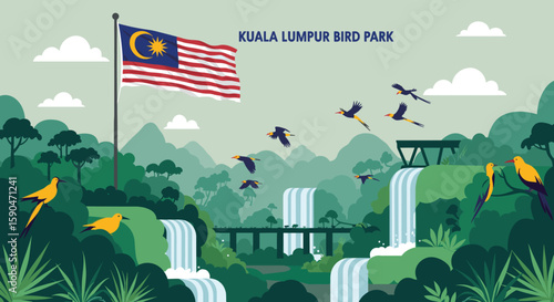 A scenic view of the Kuala Lumpur Bird Park with vibrant tropical greenery, waterfalls, and flying birds.