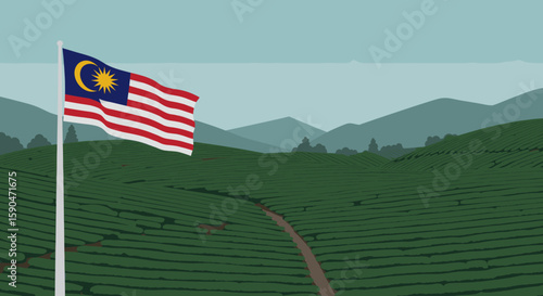 A view of the Malaysian flag flying over a vast, lush green tea plantation.