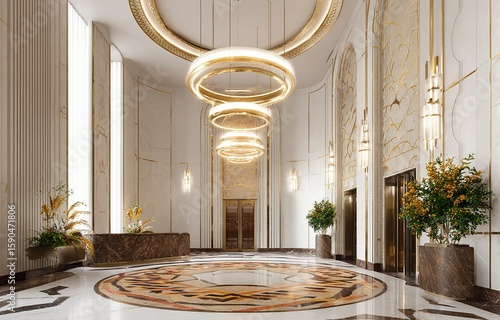 3D rendering of the interior design lobby in an art deco style, featuring circular chandeliers and white walls decorated with gold foil, as well as a brown marble floor with geometric patterns. 