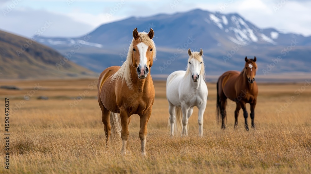 Fototapeta premium Courtship dances of Icelandic horses against majestic mountain backdrop