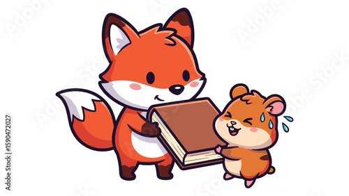 Cute Fox Giving a Big Book to a Sweaty Hamster Cartoon Illustration for Kids Education