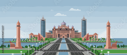This vector illustration showcases the grand architecture of the Putrajaya complex in Malaysia.