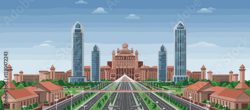 This vector illustration showcases the grand architecture of the Putrajaya complex in Malaysia.