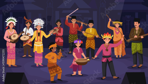 A vibrant group of performers is seen showcasing a traditional dance performance, wearing colorful and cultural attire.