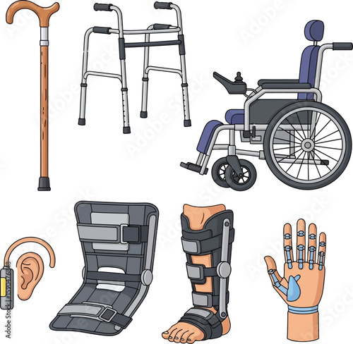 Various medical assistive devices and prosthetics are illustrated on a white background, representing mobility aids.