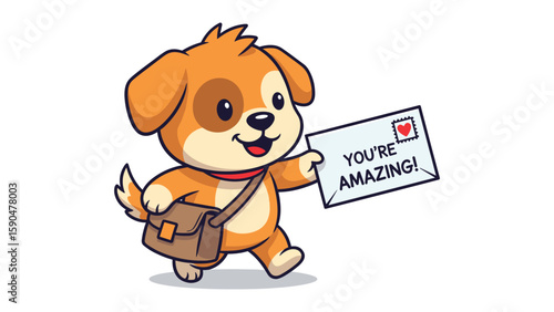 Adorable Puppy Mailman Cartoon Character Delivering an Encouraging Message Illustration