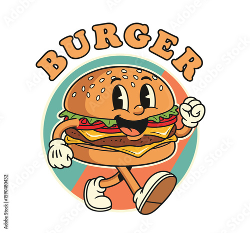 Happy Retro Cartoon Burger Character Walking with  BURGER  Text Vector Illustration