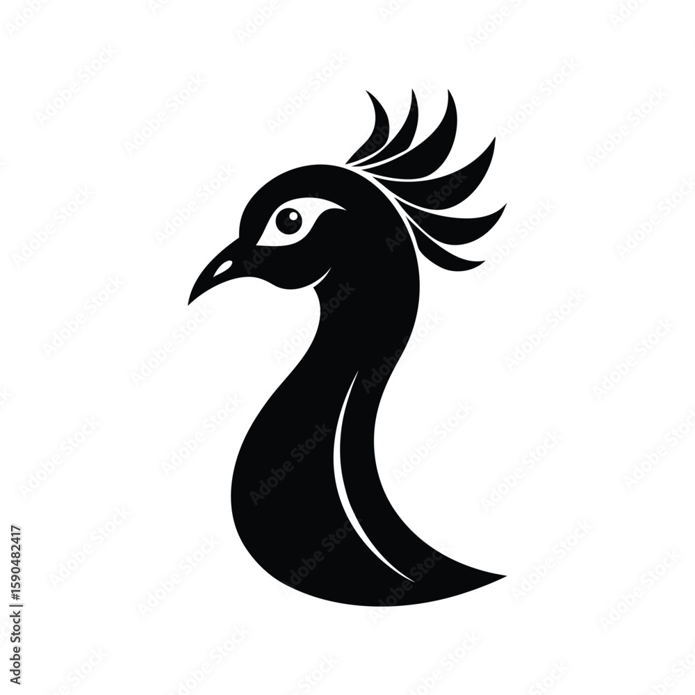 Fototapeta premium Silhouette vector of a peacock head with detailed crest for exotic wildlife illustration Vector illustration